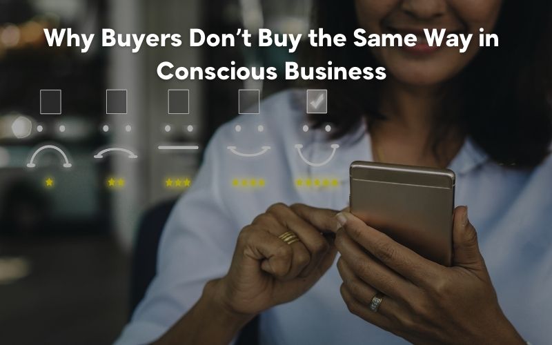 lady looking at her phone to shop and representing a conscious business selling model