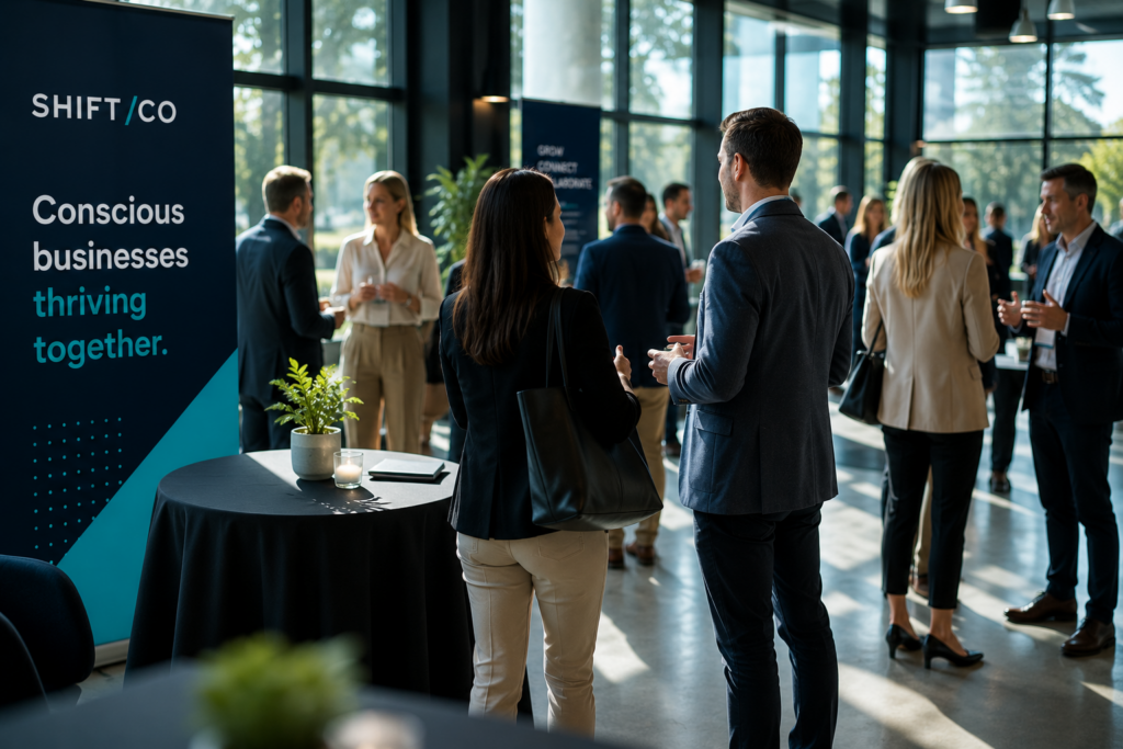 Conscious entrepreneurs networking and introducing themselves at a business event