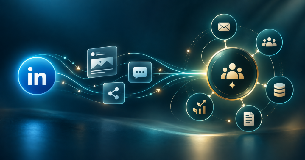 LinkedIn for Entrepreneurs: What Changed And What To Do Now Illustration showing LinkedIn content and conversations flowing into an owned business ecosystem with email, community, CRM, and growth connections.